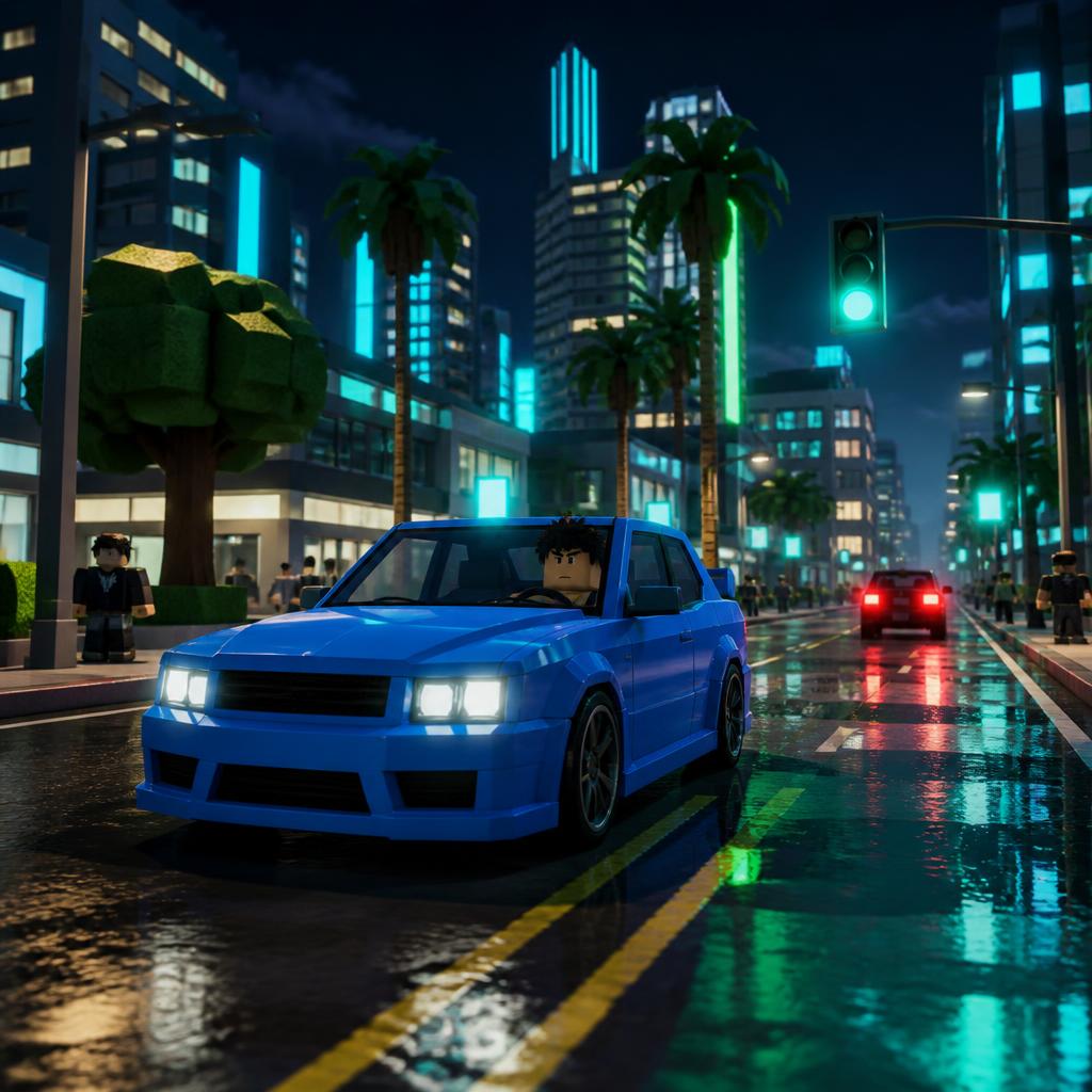 Fan-made scene of a blue car on a neon city street.