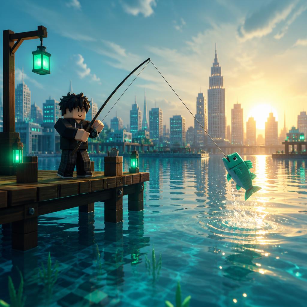 Fan-made scene of an avatar fishing from a city pier.