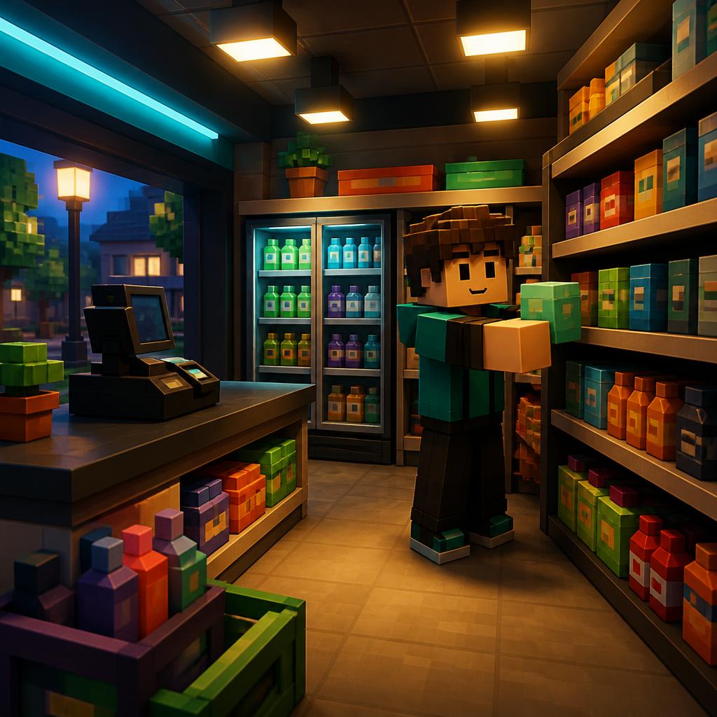 Fan-made scene of an avatar stocking a neighborhood shop.