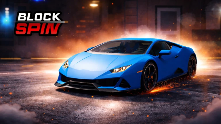 A blue sports car in a nighttime BlockSpin city scene.