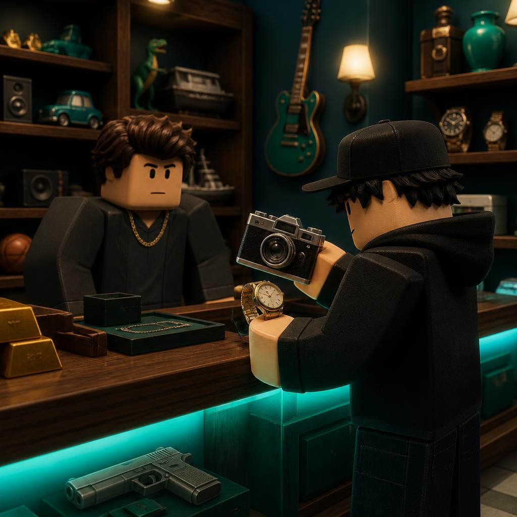 Fan-made scene of a pawn shop counter with collectibles.
