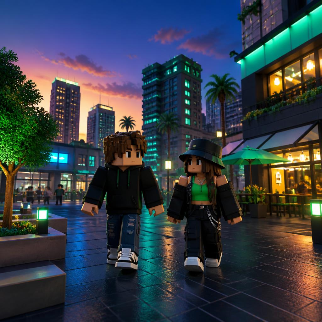 Fan-made scene of avatars walking through a city plaza.