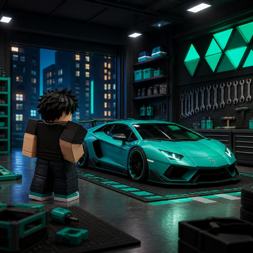 Fan-made scene of an avatar beside a teal car in a garage.