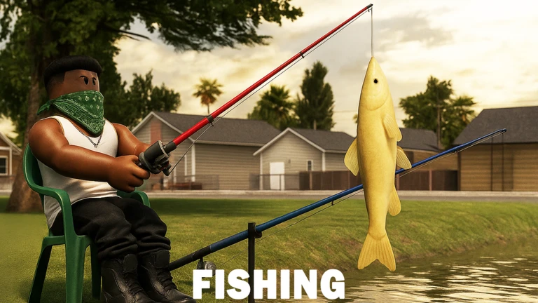 A BlockSpin character fishing beside the water.